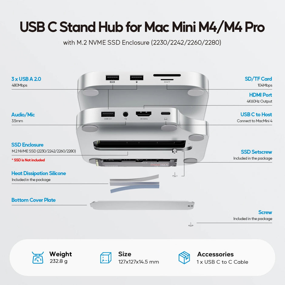 Mac Mini M4 Dock with 4TB SSD Enclosure, USB C HUB Support HDMI 4K 60Hz, USB a 2.0, SD/TF, Audio for Mac Mini M4/M4 Pro - Visión Creativa