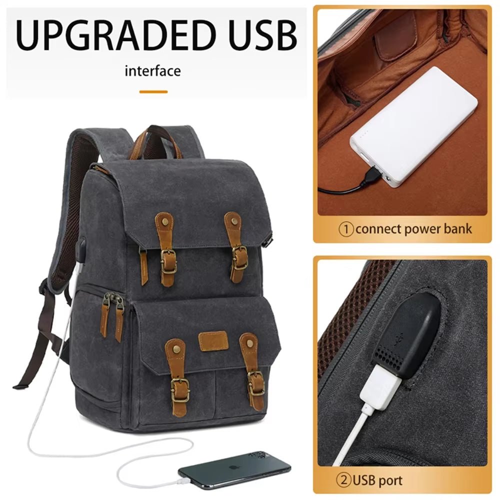 Canvas Backpack with USB Port - Fit 15.6Inch Laptop, Waterproof Men's Camera Bag for DSLR Drones - Visión Creativa