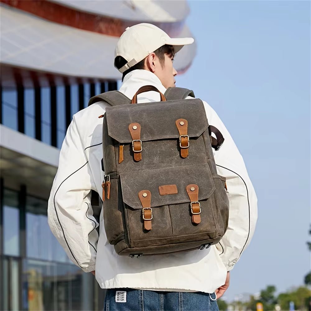 Canvas Backpack with USB Port - Fit 15.6Inch Laptop, Waterproof Men's Camera Bag for DSLR Drones - Visión Creativa