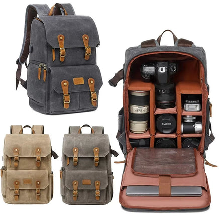 Canvas Backpack with USB Port - Fit 15.6Inch Laptop, Waterproof Men's Camera Bag for DSLR Drones - Visión Creativa