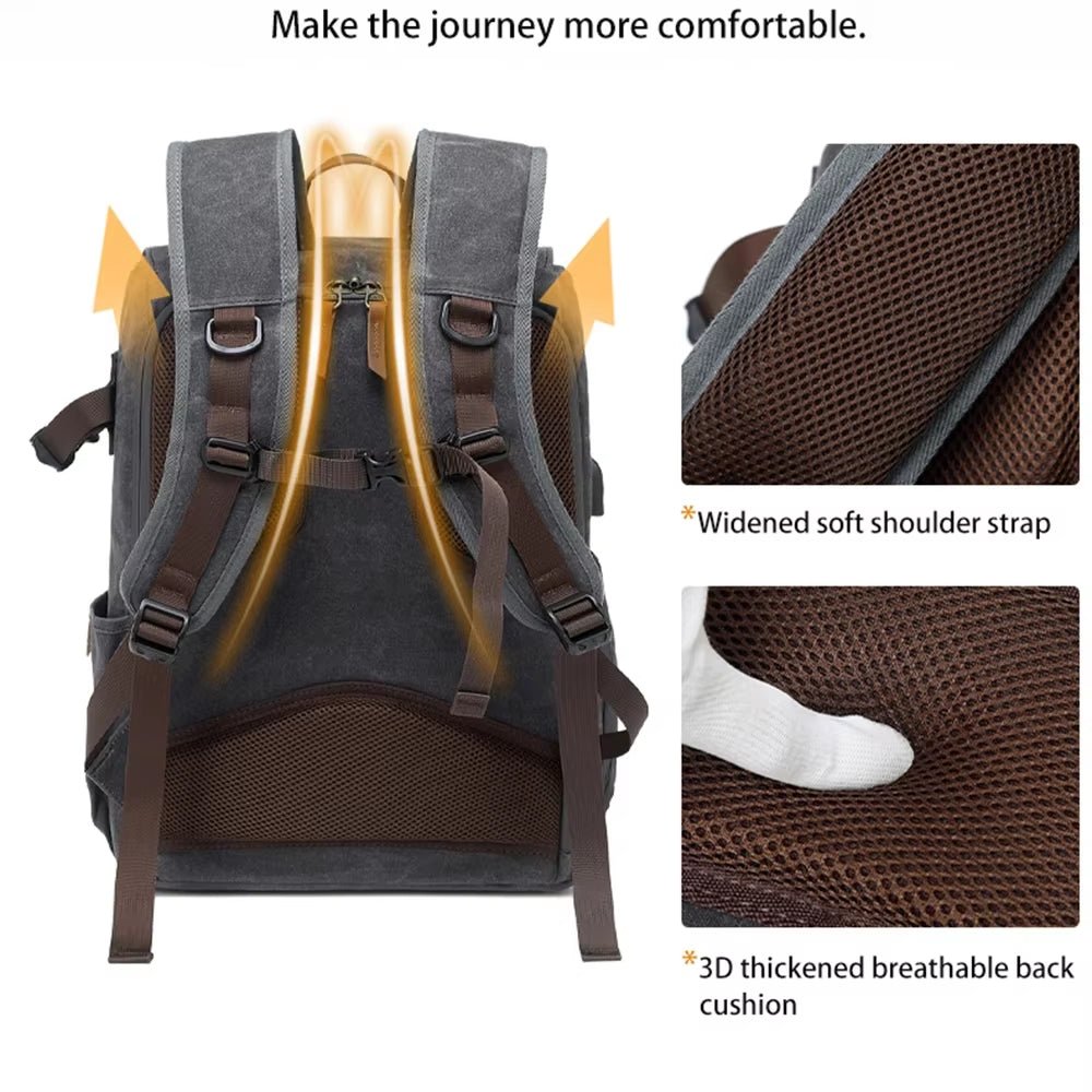 Canvas Backpack with USB Port - Fit 15.6Inch Laptop, Waterproof Men's Camera Bag for DSLR Drones - Visión Creativa