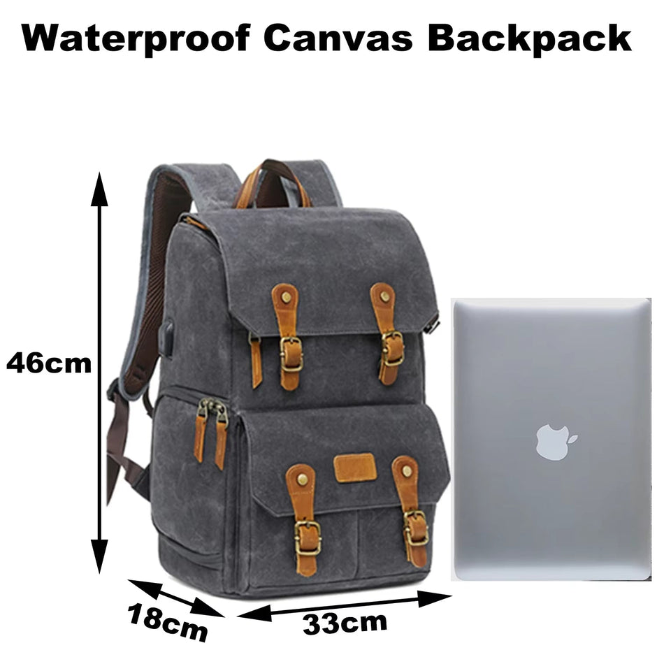 Canvas Backpack with USB Port - Fit 15.6Inch Laptop, Waterproof Men's Camera Bag for DSLR Drones - Visión Creativa