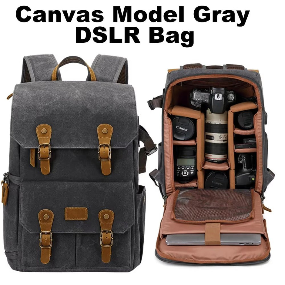 Canvas Backpack with USB Port - Fit 15.6Inch Laptop, Waterproof Men's Camera Bag for DSLR Drones - Visión Creativa