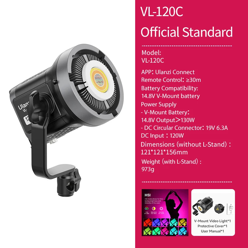 Vl-120Bi VL-120C 120W V-Mount COB Video Light Wireless APP Control 2700K-6500K CRI＞95 for Video Photography Studio
