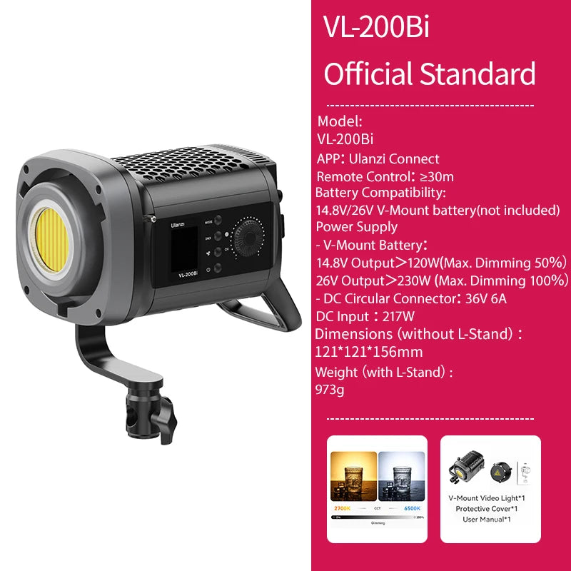 Vl-120Bi VL-120C 120W V-Mount COB Video Light Wireless APP Control 2700K-6500K CRI＞95 for Video Photography Studio