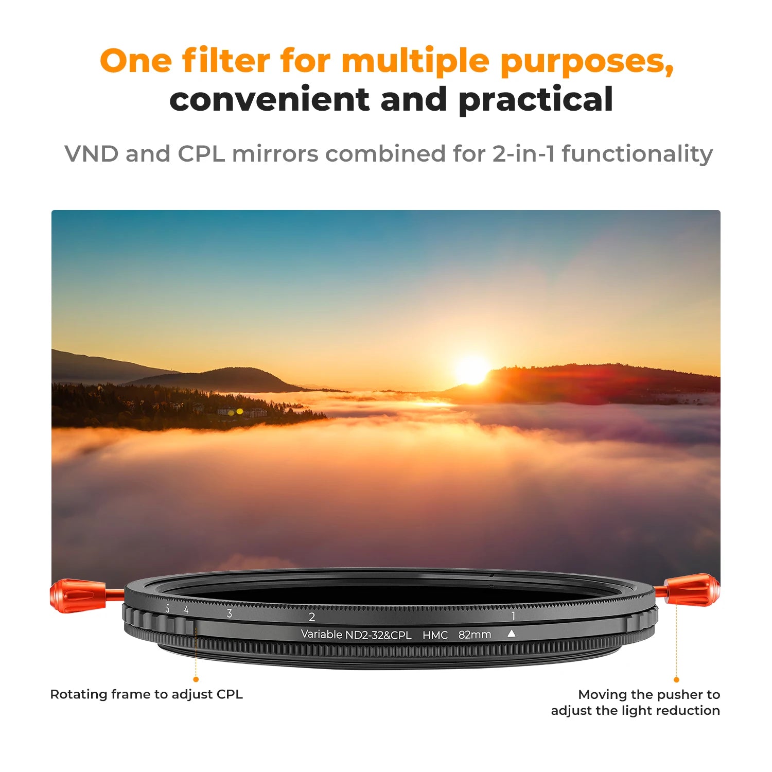 K&F Concept 2 in 1 CPL ND Filter - Variable ND32 for Various Lens Sizes - Visión Creativa 