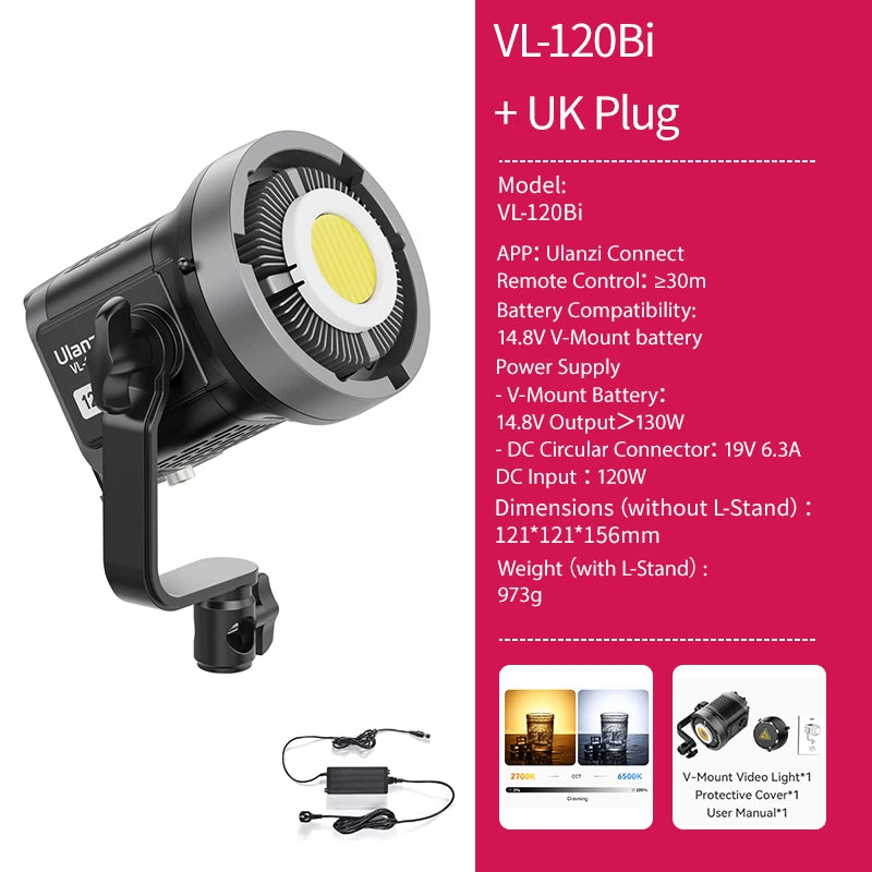 Vl-120Bi VL-120C 120W V-Mount COB Video Light Wireless APP Control 2700K-6500K CRI＞95 for Video Photography Studio