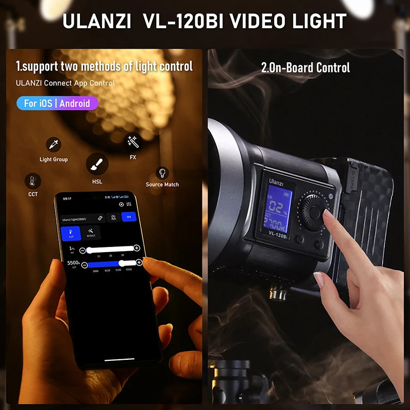 Vl-120Bi VL-120C 120W V-Mount COB Video Light Wireless APP Control 2700K-6500K CRI＞95 for Video Photography Studio