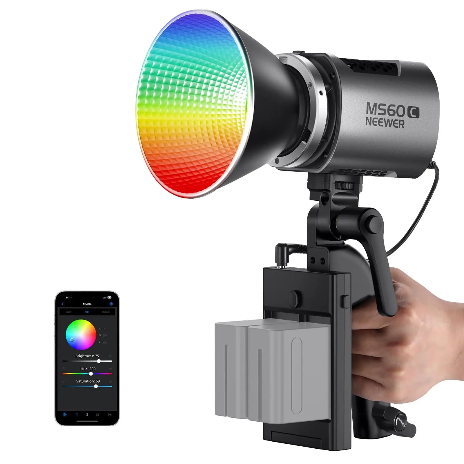 MS60C RGBWW LED Video Light with 2.4G/APP Control 65W Metal Mini RGB COB Continuous Output Lighting Handheld Spotlight