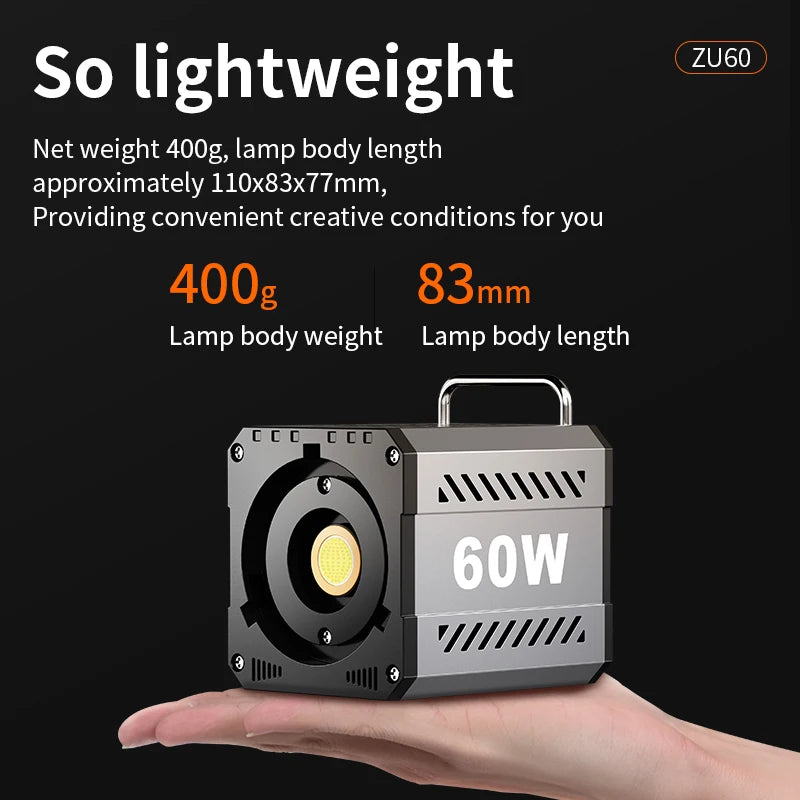 60W Handle Photo Studio Light COB Bi-Color CCT 2500-8500K CRI≥95 TLCI≥97 with Diffuser LED Video Lights Vlog Shoot Fill Lighting