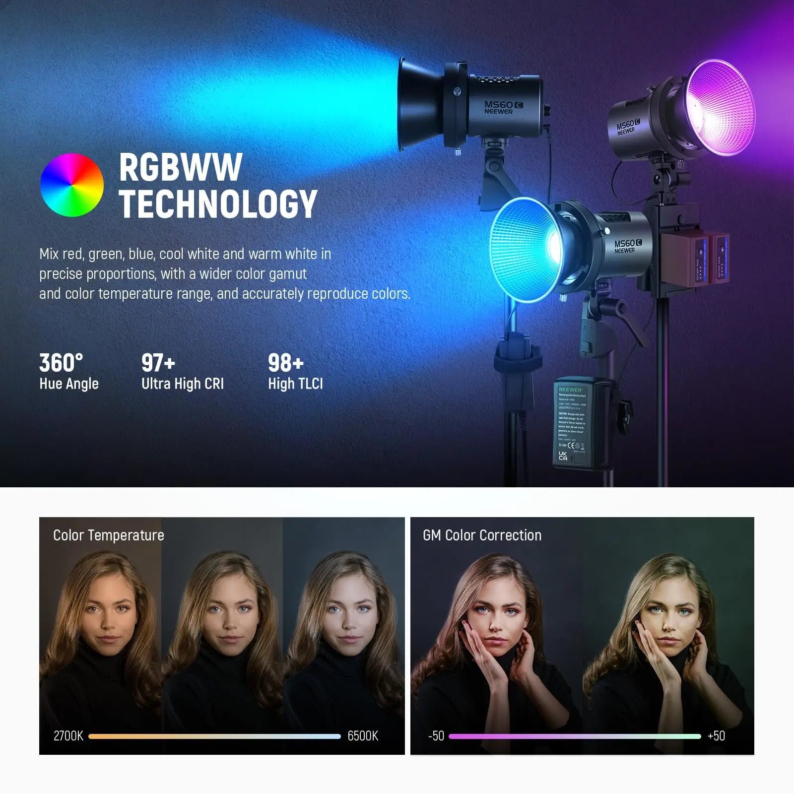MS60C RGBWW LED Video Light with 2.4G/APP Control 65W Metal Mini RGB COB Continuous Output Lighting Handheld Spotlight