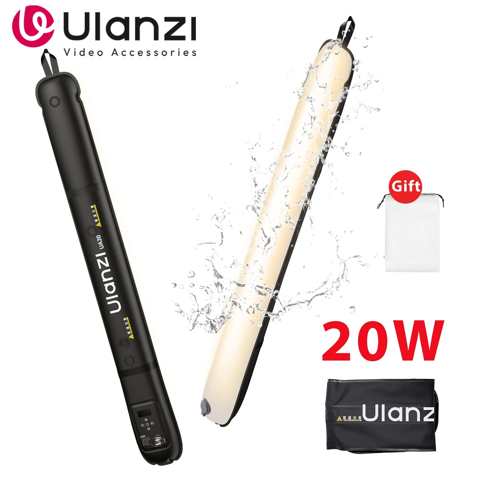 UA20 20W Bi-Color Inflatable Tube Light Wand Stick Foldable LED Video Light for Broadcasters Photography Live Streaming