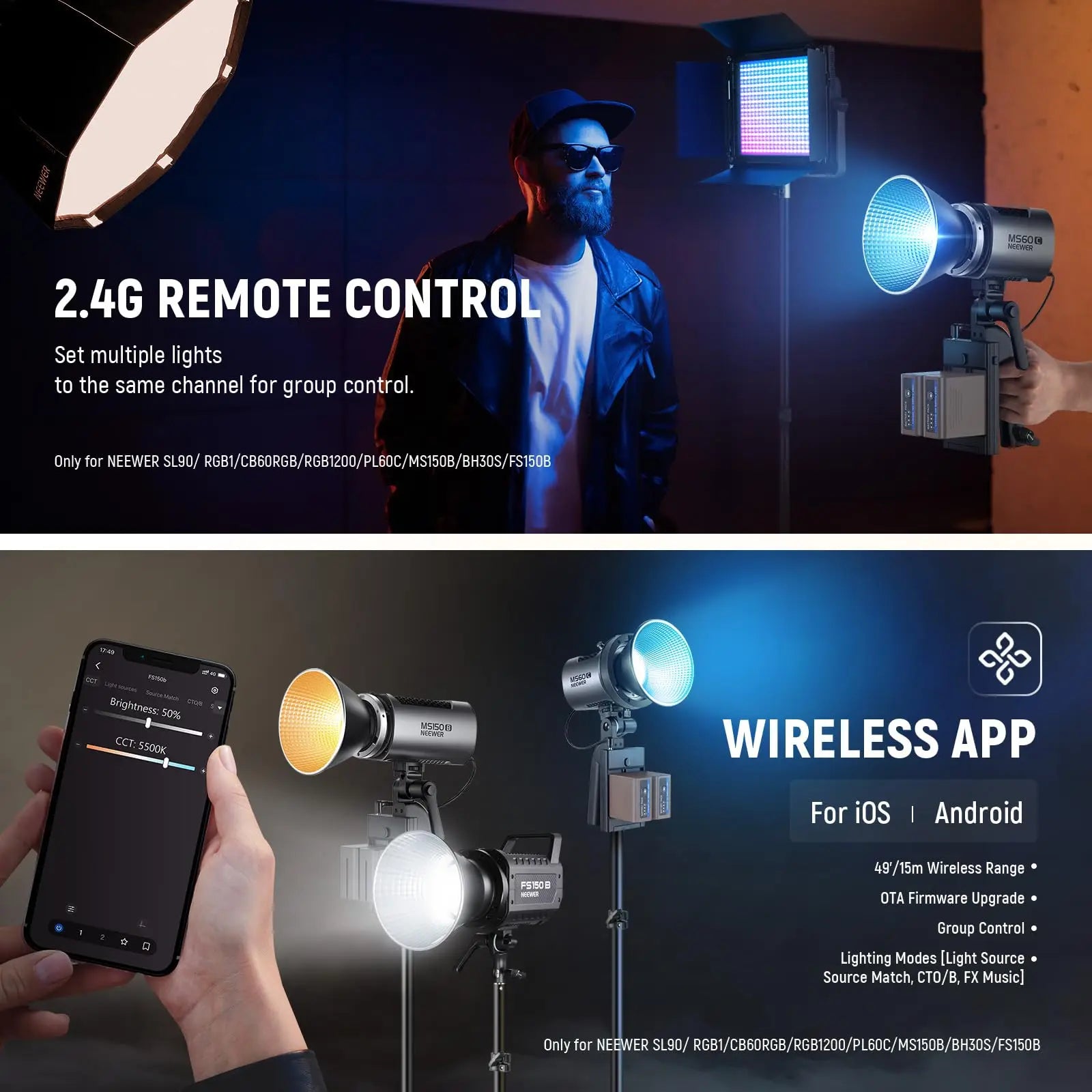 MS60C RGBWW LED Video Light with 2.4G/APP Control 65W Metal Mini RGB COB Continuous Output Lighting Handheld Spotlight