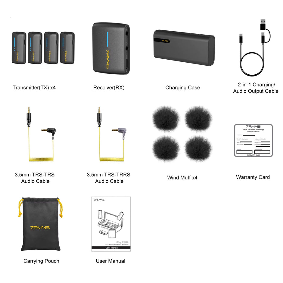 7Ryms Iray DW40 Wireless Lavalier Microphone with 4 Transmitters,48Khz/24Bit Recording,Ai Denoise for Camera,Smartphone and PC - Visión Creativa