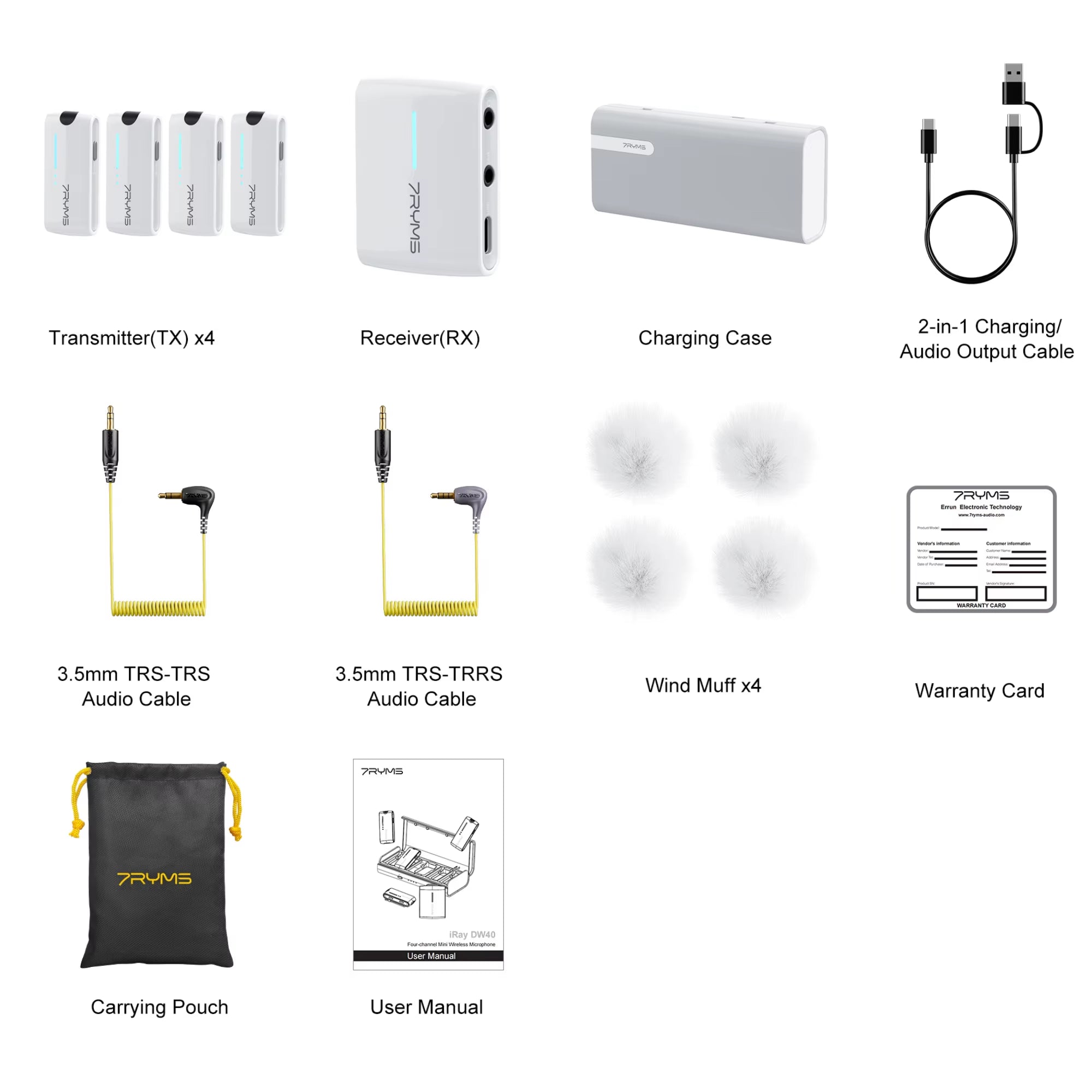 7Ryms Iray DW40 Wireless Lavalier Microphone with 4 Transmitters,48Khz/24Bit Recording,Ai Denoise for Camera,Smartphone and PC - Visión Creativa