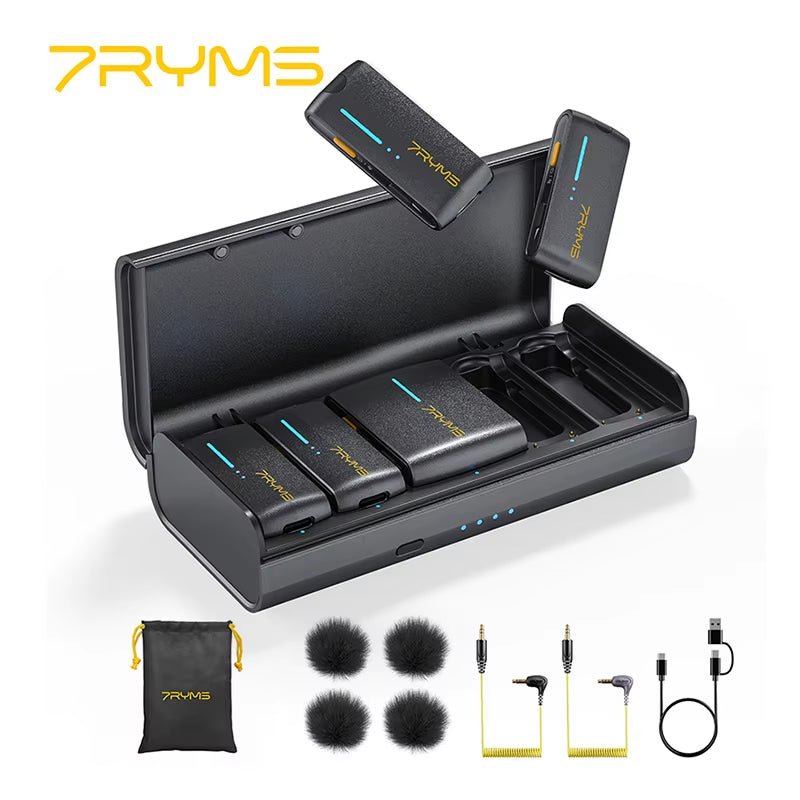 7Ryms Iray DW40 Wireless Lavalier Microphone with 4 Transmitters,48Khz/24Bit Recording,Ai Denoise for Camera,Smartphone and PC - Visión Creativa