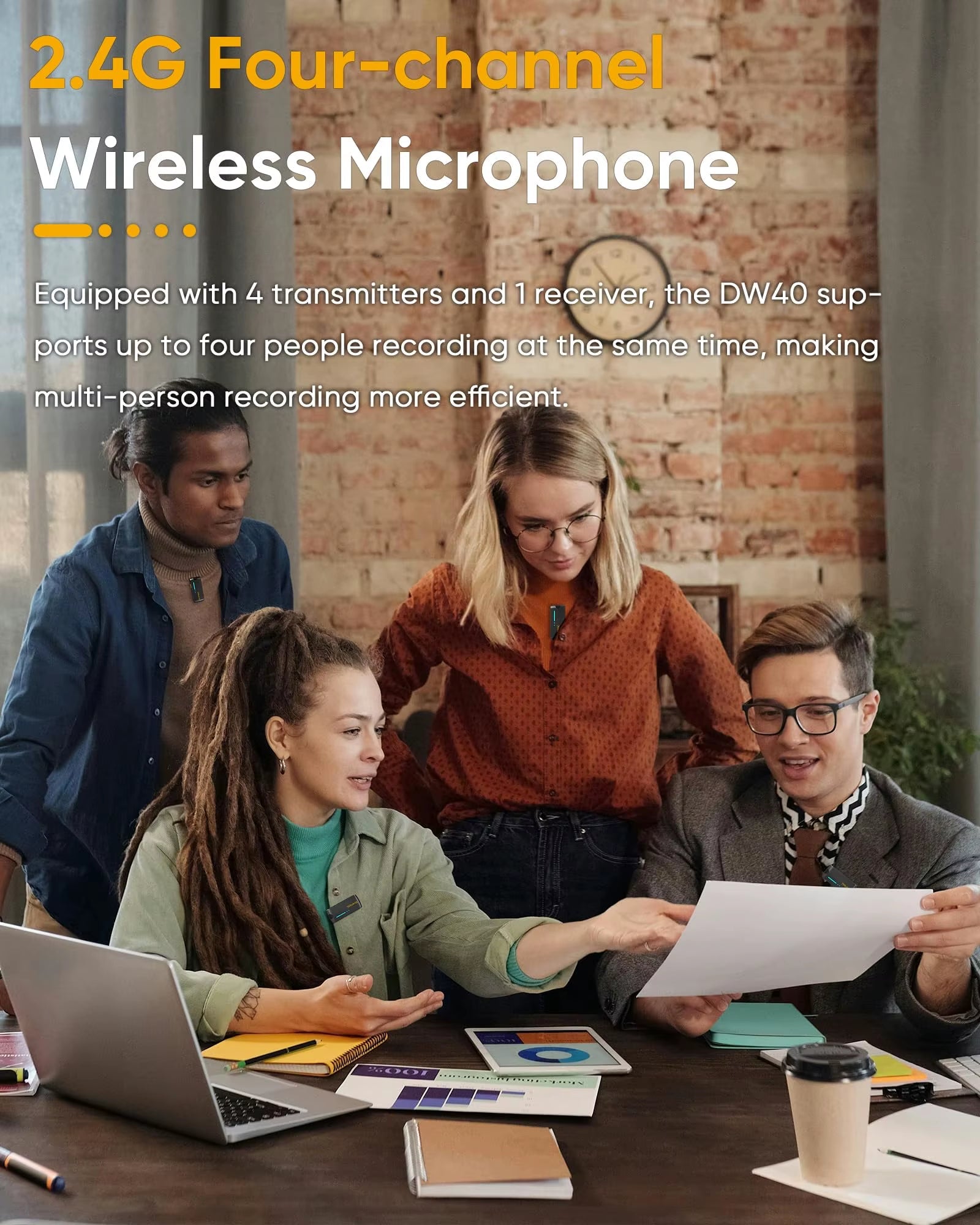 7Ryms Iray DW40 Wireless Lavalier Microphone with 4 Transmitters,48Khz/24Bit Recording,Ai Denoise for Camera,Smartphone and PC - Visión Creativa