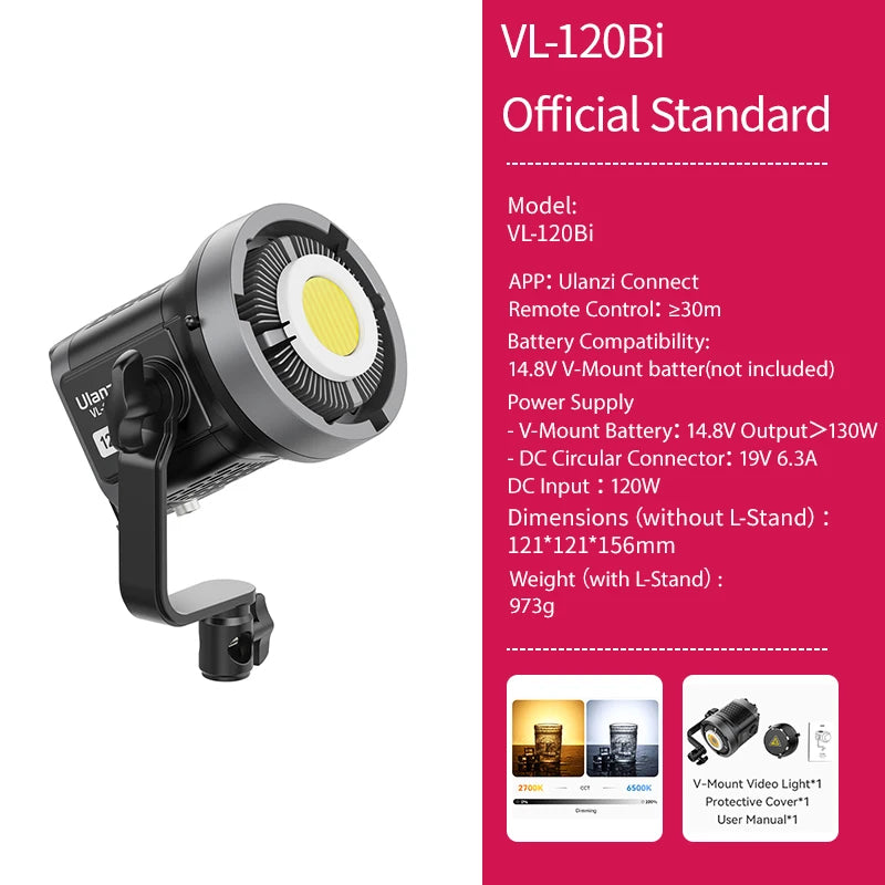 Vl-120Bi VL-120C 120W V-Mount COB Video Light Wireless APP Control 2700K-6500K CRI＞95 for Video Photography Studio