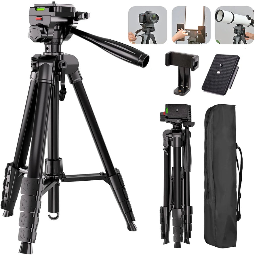 Trípode de aluminio de 188 cm (74") con cabezal panorámico, soporte de móvil y bolsa