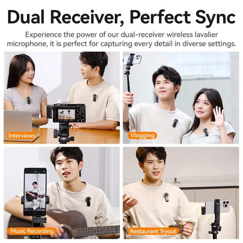 Ulanzi A100 Wireless Lavalier Microphone for iPhone & Camera Recording with Real-Time Monitoring - Visión Creativa 