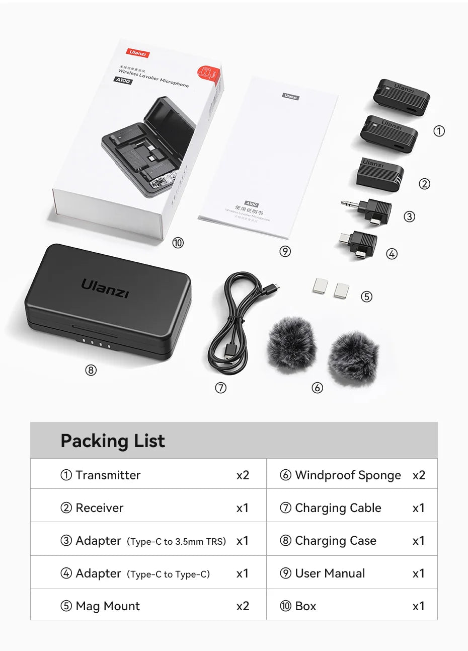 Ulanzi A100 Wireless Lavalier Microphone for iPhone & Camera Recording with Real-Time Monitoring - Visión Creativa 
