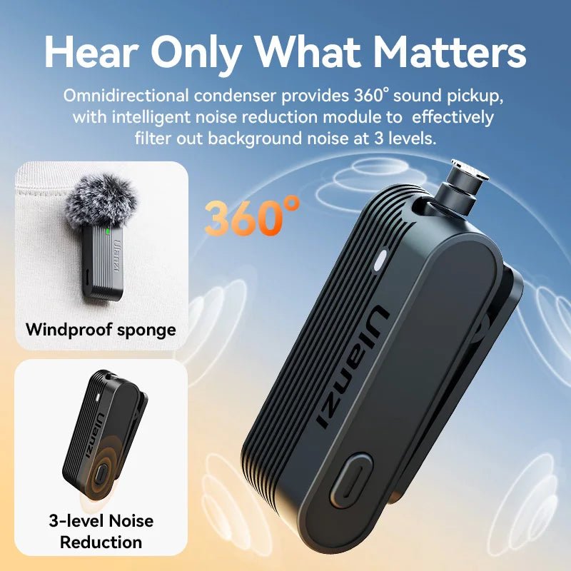 Ulanzi A100 Wireless Lavalier Microphone for iPhone & Camera Recording with Real-Time Monitoring - Visión Creativa 