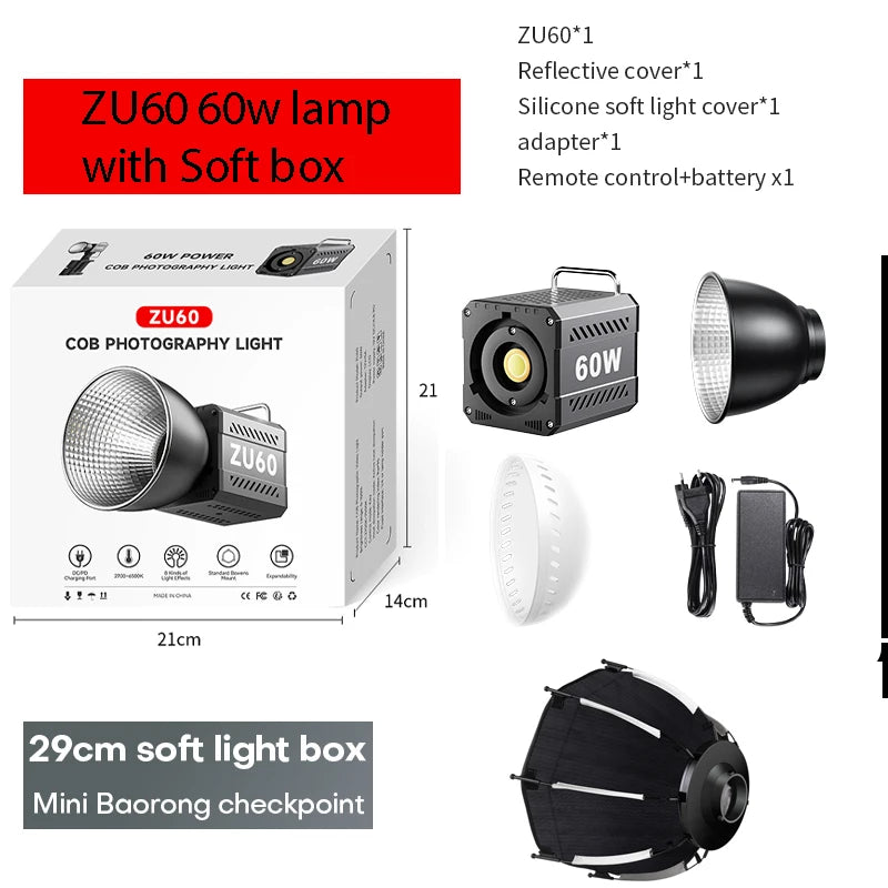 60W Handle Photo Studio Light COB Bi-Color CCT 2500-8500K CRI≥95 TLCI≥97 with Diffuser LED Video Lights Vlog Shoot Fill Lighting