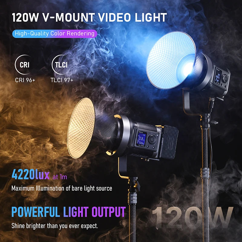 Vl-120Bi VL-120C 120W V-Mount COB Video Light Wireless APP Control 2700K-6500K CRI＞95 for Video Photography Studio