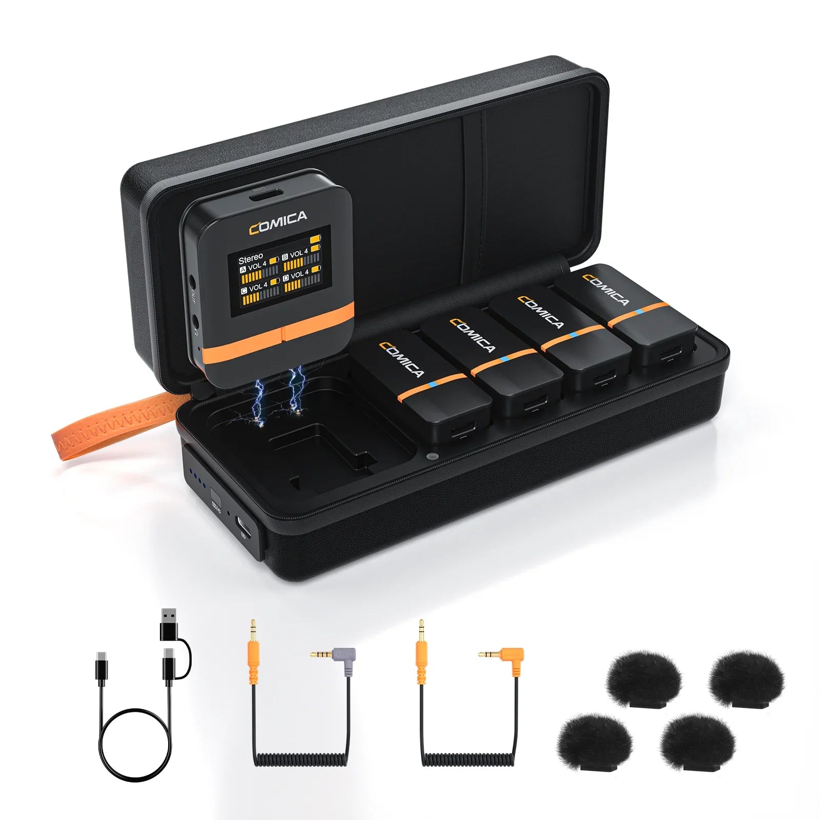 Comica Vimo Q Four Channel 2.4G Mini Wireless Microphone with Charging Box for Camera Smartphone PC Live Streaming Interviews - Visión Creativa