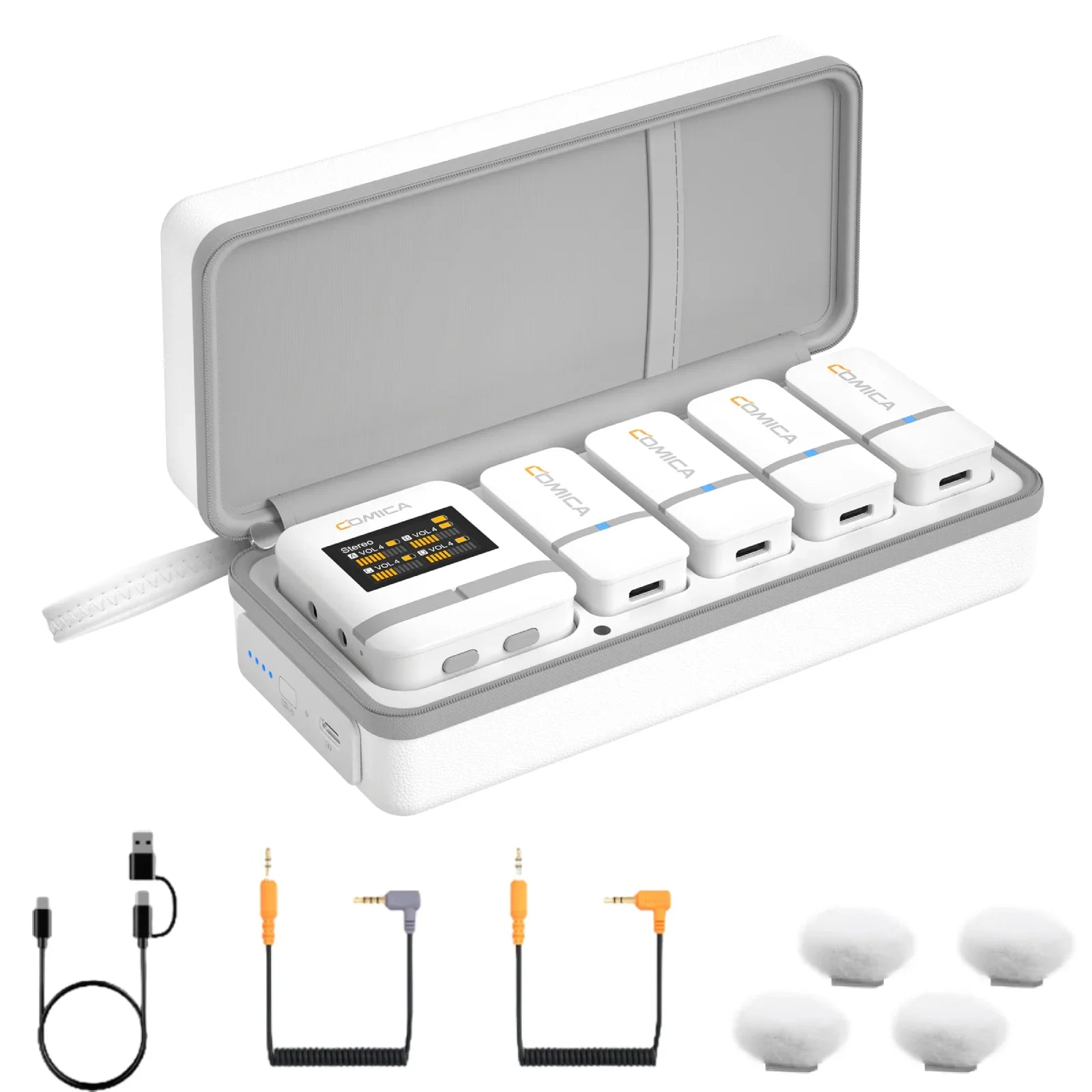 Comica Vimo Q Four Channel 2.4G Mini Wireless Microphone with Charging Box for Camera Smartphone PC Live Streaming Interviews - Visión Creativa