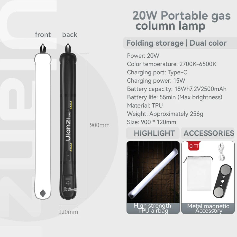 UA20 20W Bi-Color Inflatable Tube Light Wand Stick Foldable LED Video Light for Broadcasters Photography Live Streaming