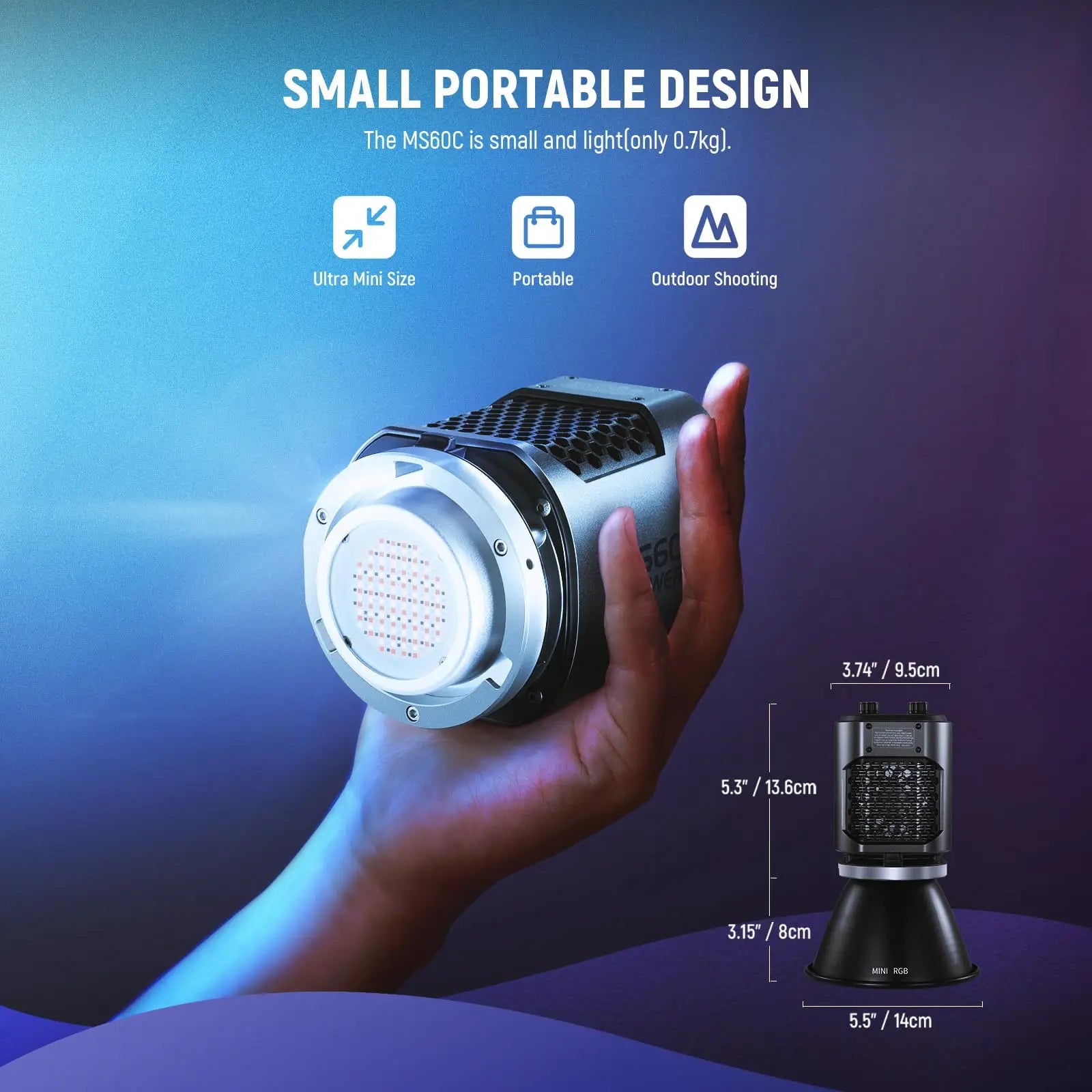 MS60C RGBWW LED Video Light with 2.4G/APP Control 65W Metal Mini RGB COB Continuous Output Lighting Handheld Spotlight