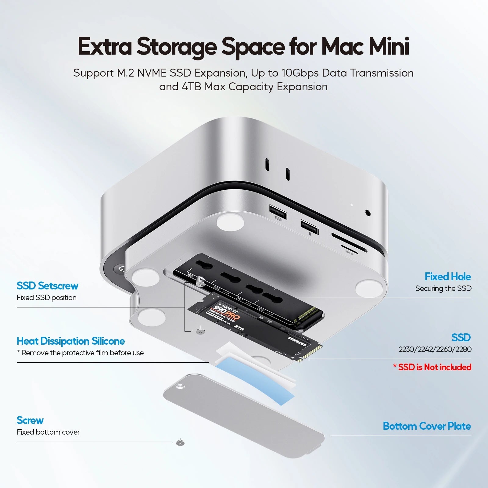 Mac Mini M4 Dock with 4TB SSD Enclosure, USB C HUB Support HDMI 4K 60Hz, USB a 2.0, SD/TF, Audio for Mac Mini M4/M4 Pro - Visión Creativa 