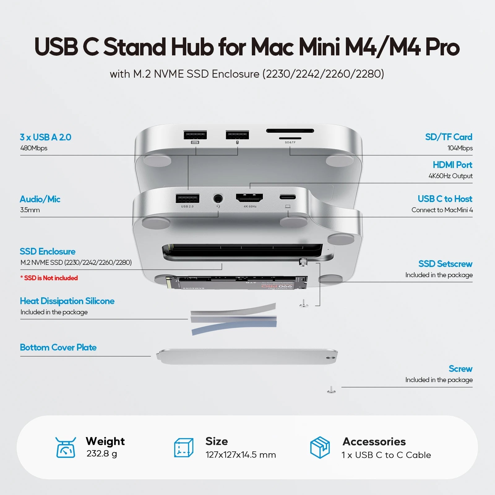 Mac Mini M4 Dock with 4TB SSD Enclosure, USB C HUB Support HDMI 4K 60Hz, USB a 2.0, SD/TF, Audio for Mac Mini M4/M4 Pro - Visión Creativa 