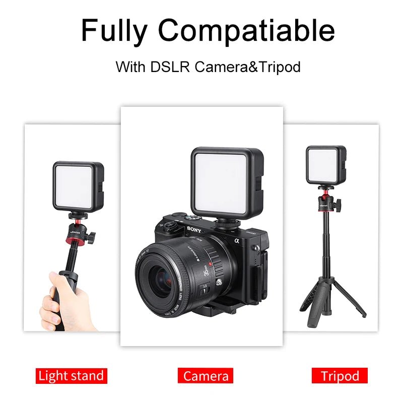 Mini Portable LED Video Light Kit with Triple Cold Shoe & Rechargeable Battery - Visión Creativa