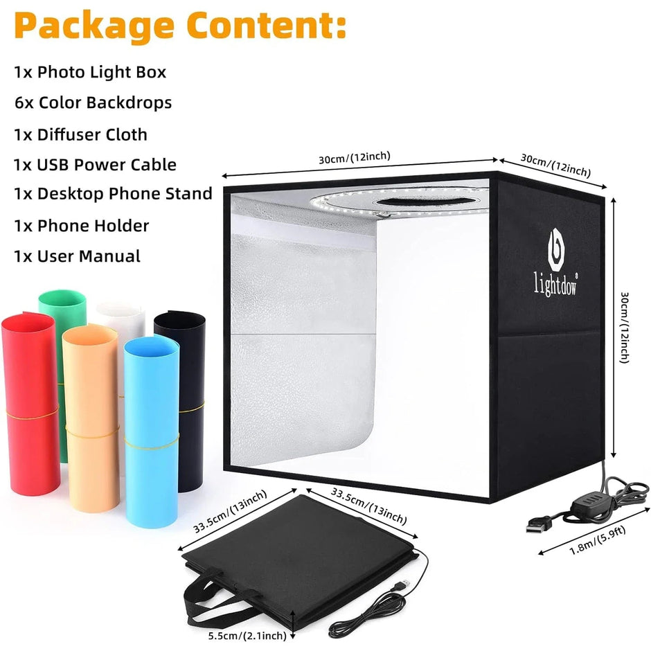 Photo Studio Light Box Kit 12"X12"（30X30X30Cm） with 120Pcs Leds 6 Backdrops for Photography Portable Dimmable Versatile - Visión Creativa 