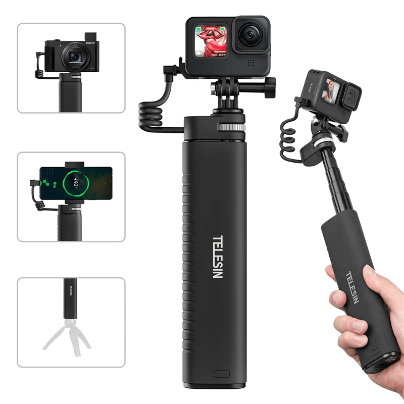 TELESIN Selfie Stick QC/PD3.0 Fast Charging Power Selfie Stick 90CM Telescoping Selfie Pole with 1/4 Inch Screw for Gopro12/11 - Visión Creativa