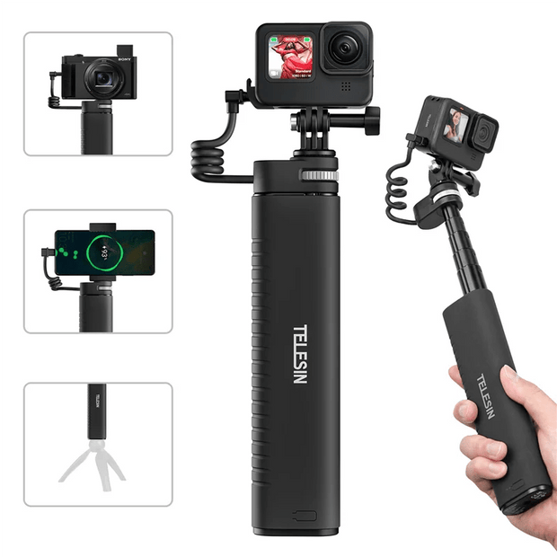 TELESIN Selfie Stick QC/PD3.0 Fast Charging Power Selfie Stick 90CM Telescoping Selfie Pole with 1/4 Inch Screw for Gopro12/11 - Visión Creativa 
