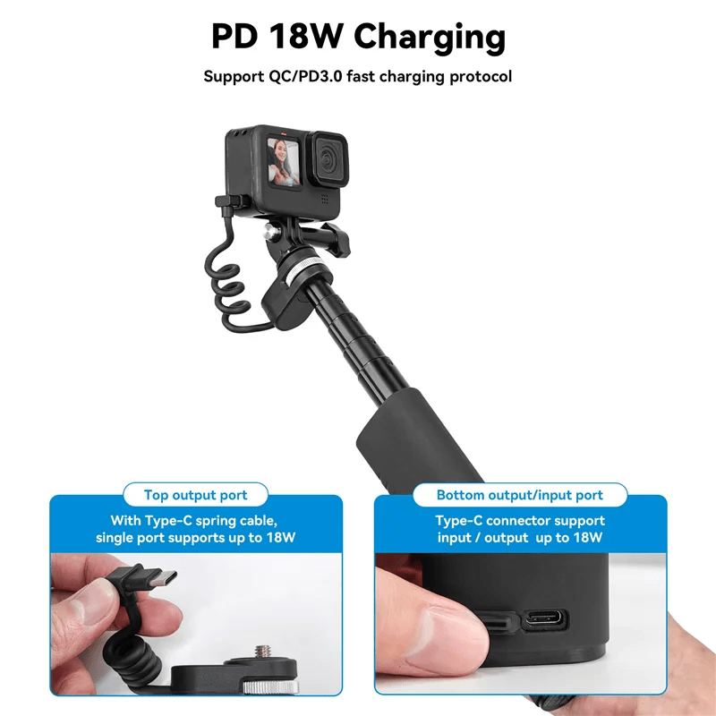 TELESIN Selfie Stick QC/PD3.0 Fast Charging Power Selfie Stick 90CM Telescoping Selfie Pole with 1/4 Inch Screw for Gopro12/11 - Visión Creativa